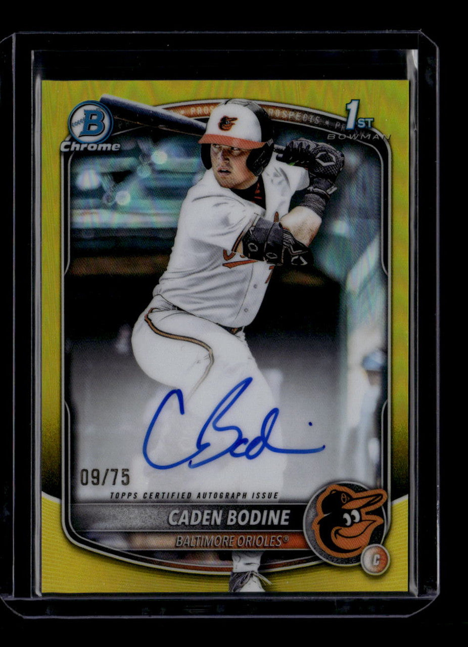 SOLD 183583 2025 Bowman Chrome Draft Autographs Yellow Refractor Caden Bodine RC Auto 9/75