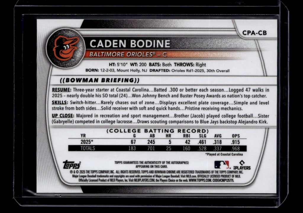 SOLD 183583 2025 Bowman Chrome Draft Autographs Yellow Refractor Caden Bodine RC Auto 9/75
