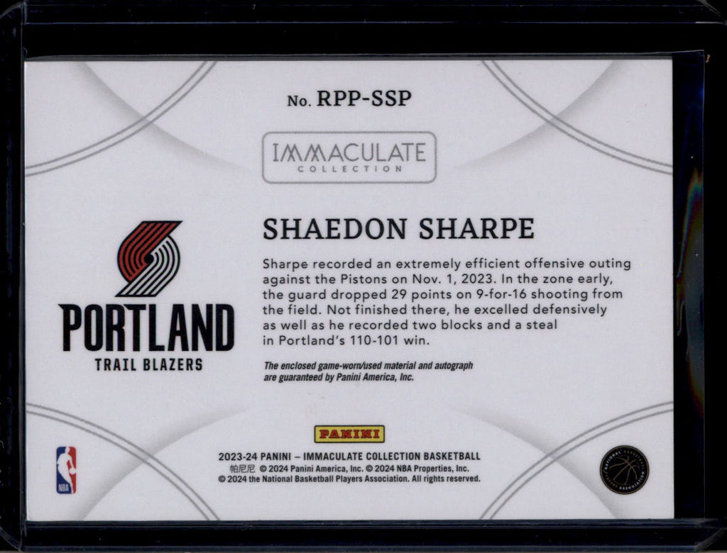 2023-24 Immaculate Collection Retro Autographs Shaedon Sharpe RC Patch Auto /10