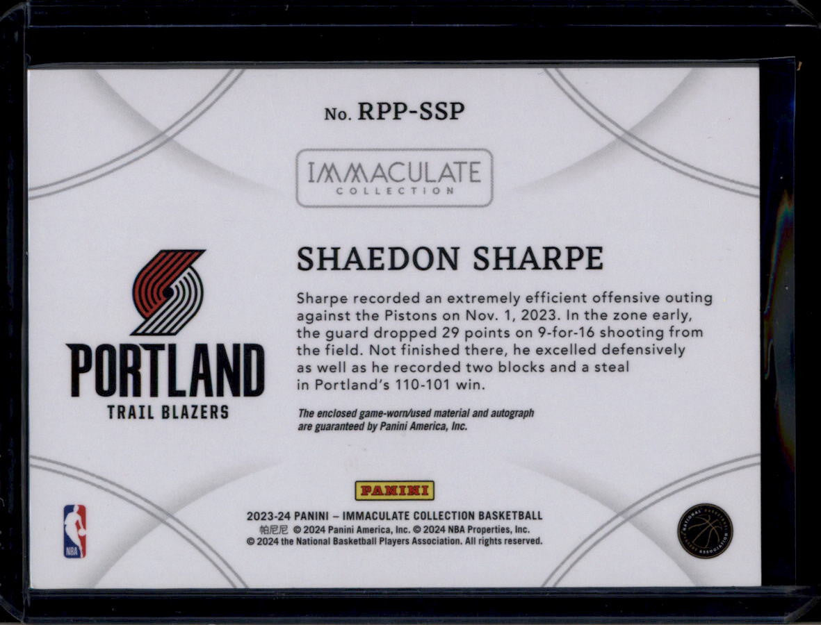 2023-24 Immaculate Collection Retro Autographs Shaedon Sharpe RC Patch Auto /10