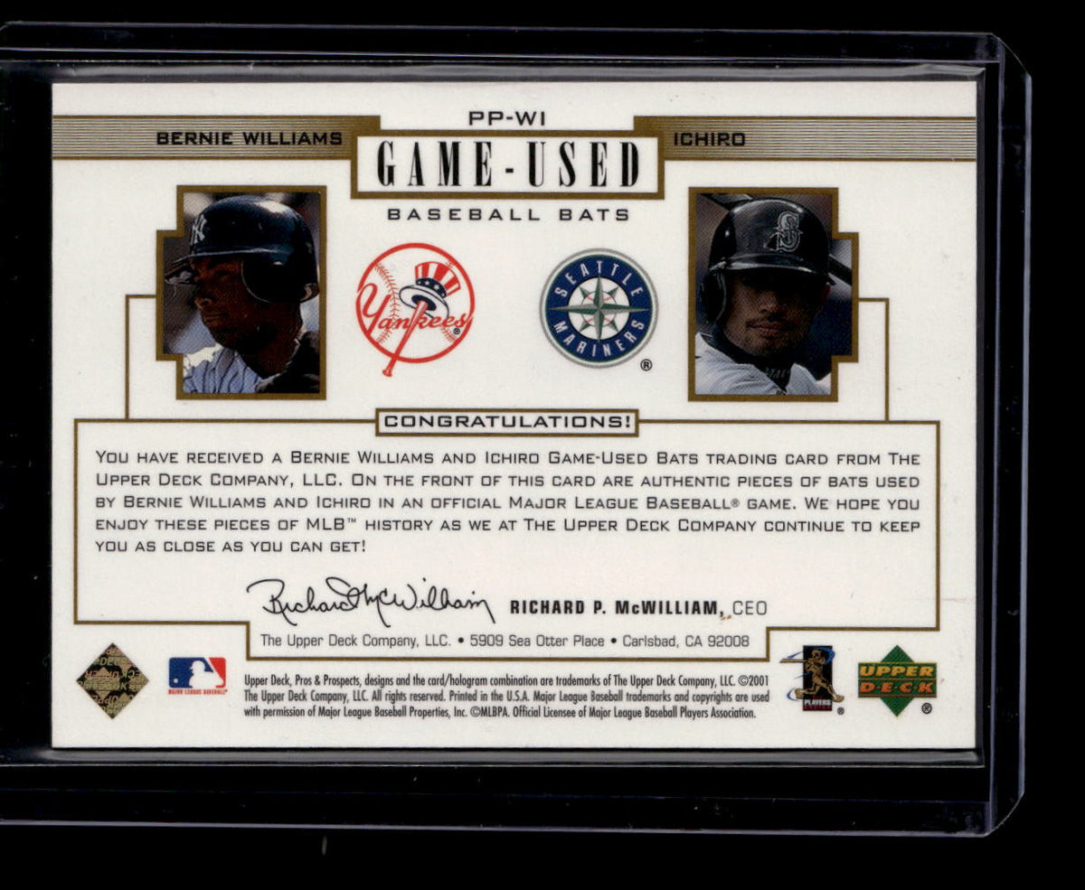 2001 UD Pros and Prospects Game-Used Gold Bernie Williams Ichiro RC Dual Bat /25