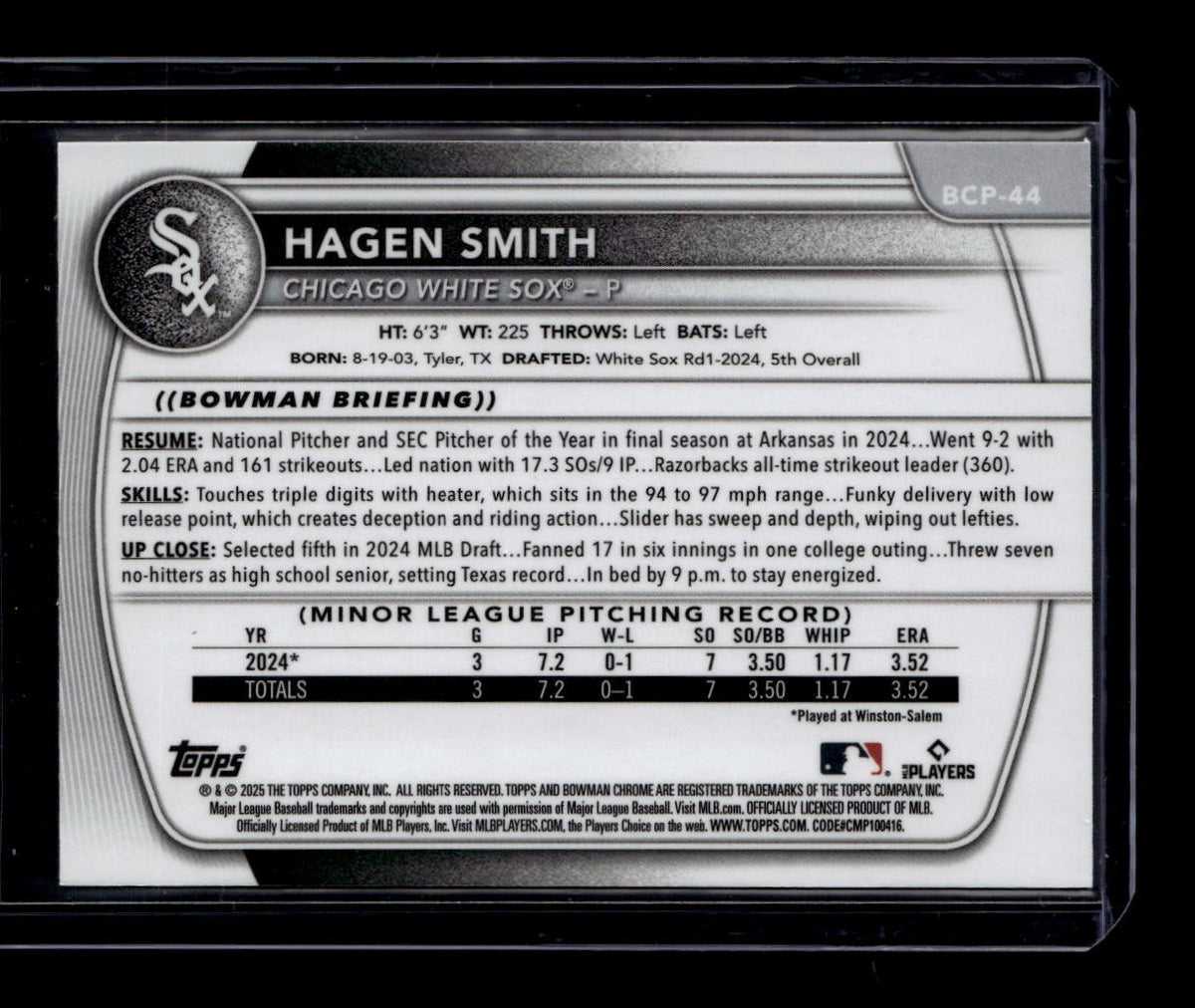 SOLD 183615 2025 Bowman Chrome Prospect Yellow X-Fractor bcp44 Hagen Smith Rookie 8/75