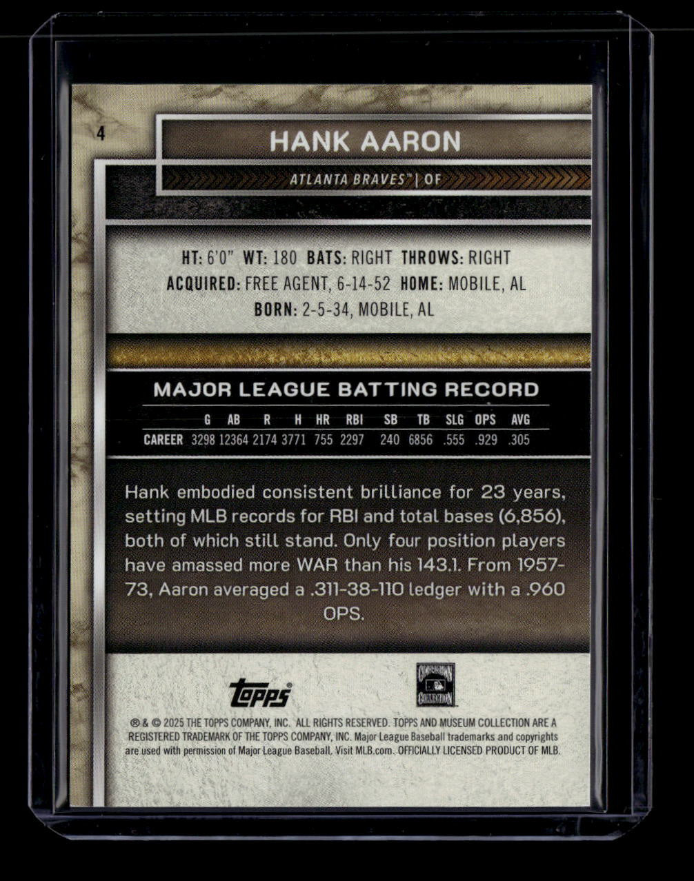 2025 Topps Museum Collection Sapphire 4 Hank Aaron 36/150