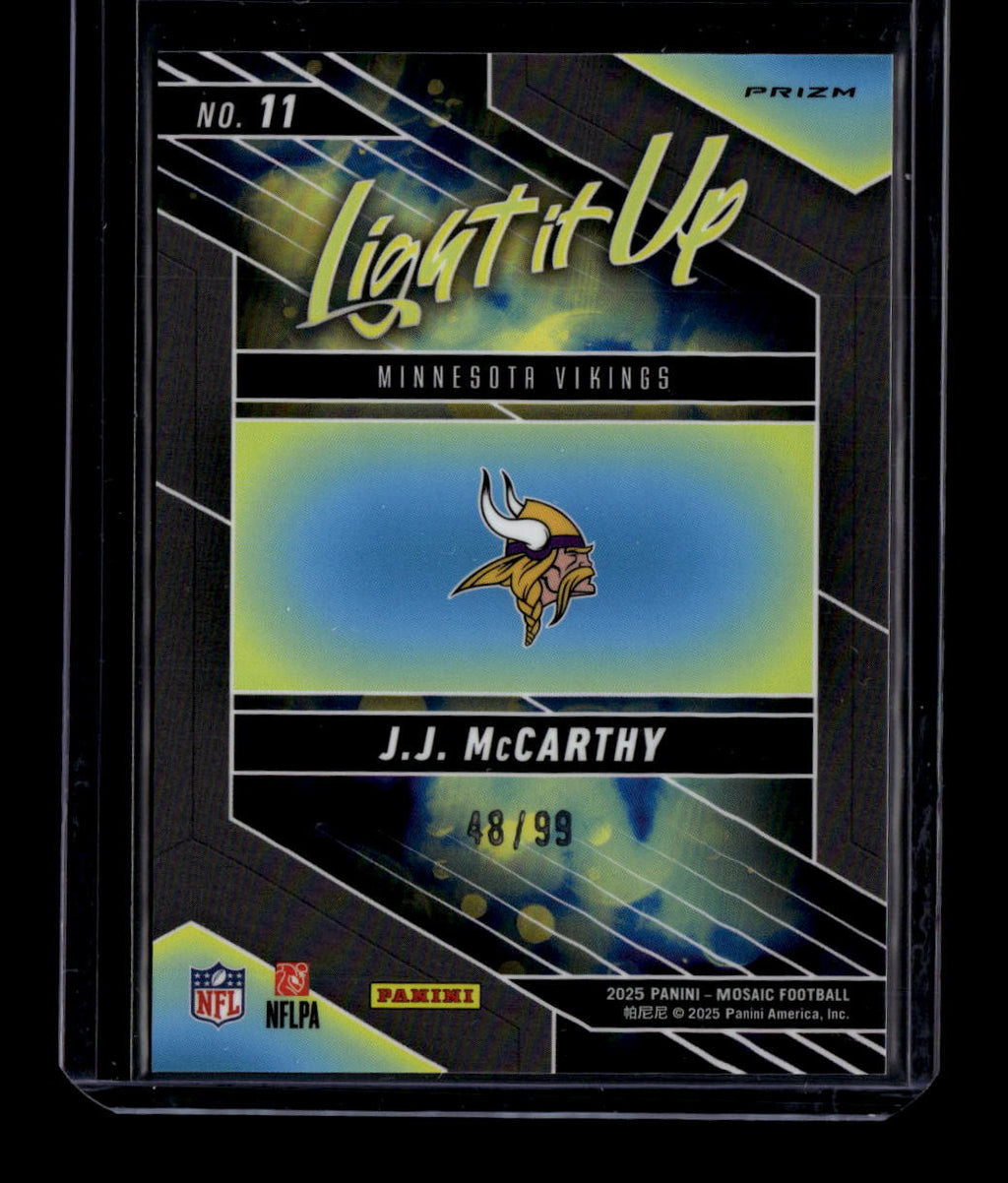 2025 Panini Mosaic Light it Up Mosaic Blue Refractor 11 JJ McCarthy 48/99