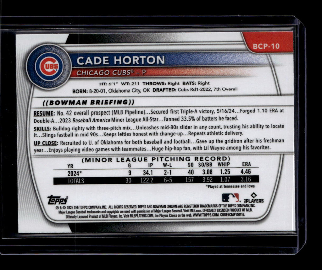 2025 Bowman Chrome Prospects Yellow Wave Refractor bcp10 Cade Horton RC 25/75