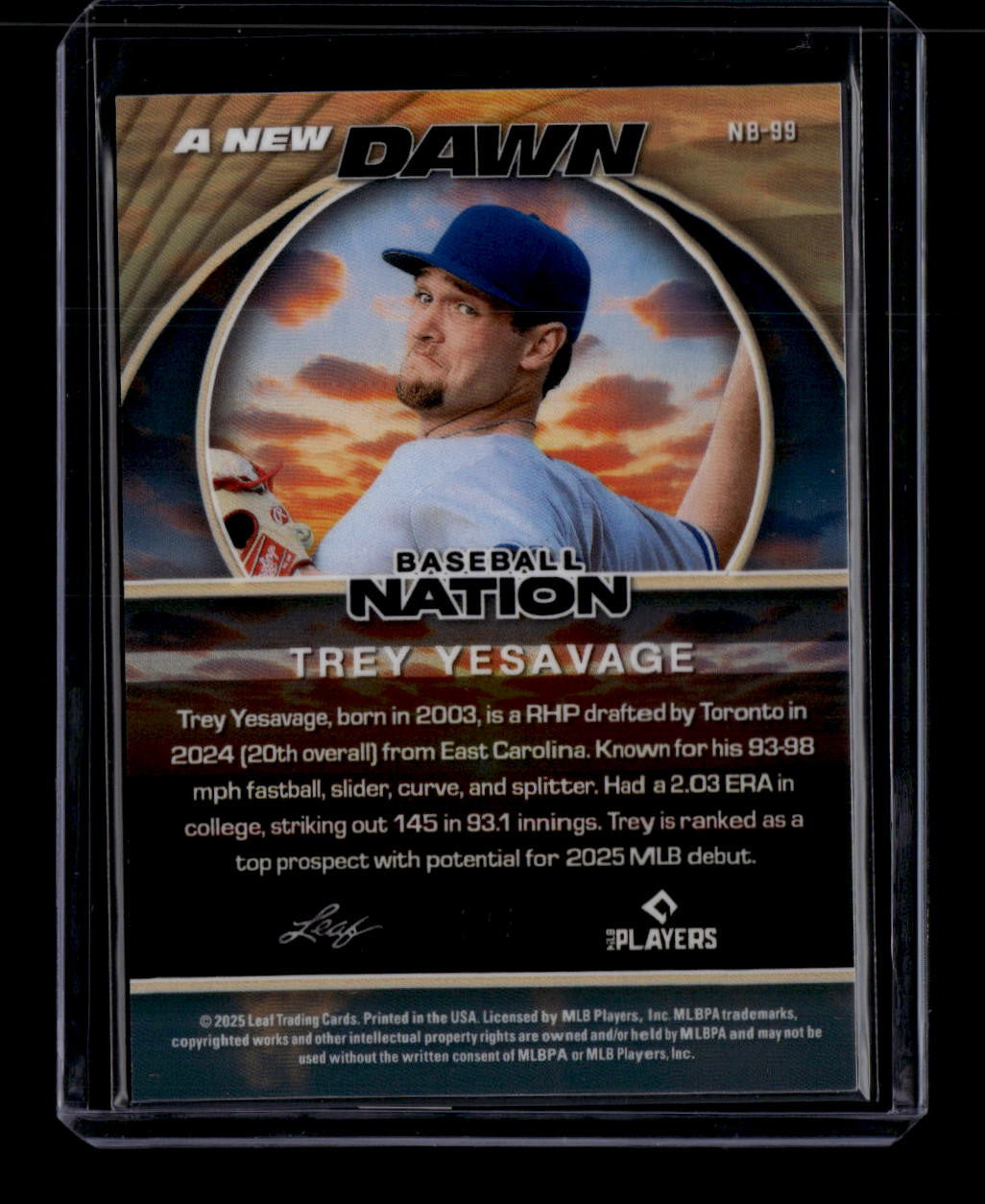 2025 Leaf Baseball Nation New Dawn Blue Prismatic nb99 Trey Yesavage Rookie 5/7