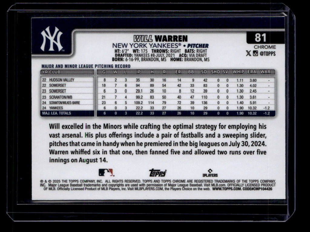 SOLD 183650 2025 Topps Chrome Negative Refractor 81 Will Warren Rookie