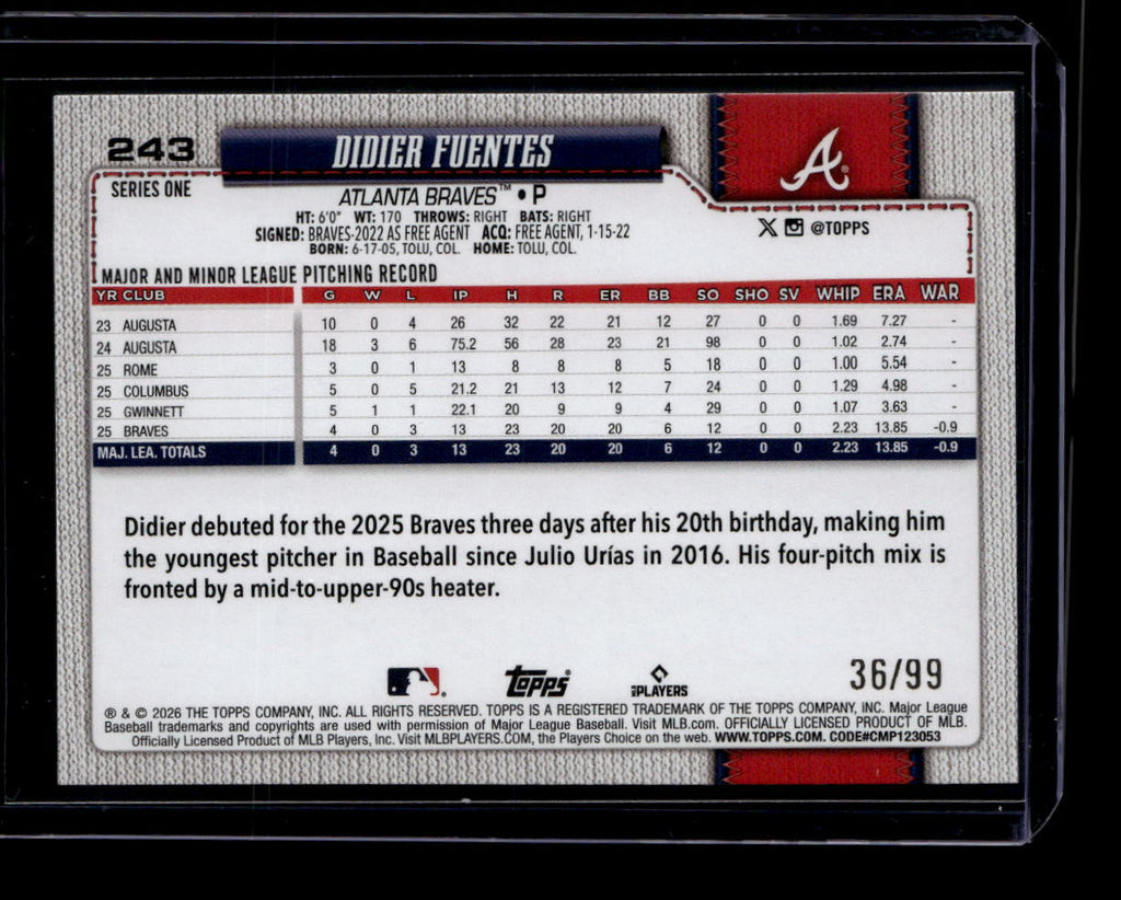 SOLD 183661 2026 Topps Green Rainbow Foil 243 Didier Fuentes Rookie 36/99
