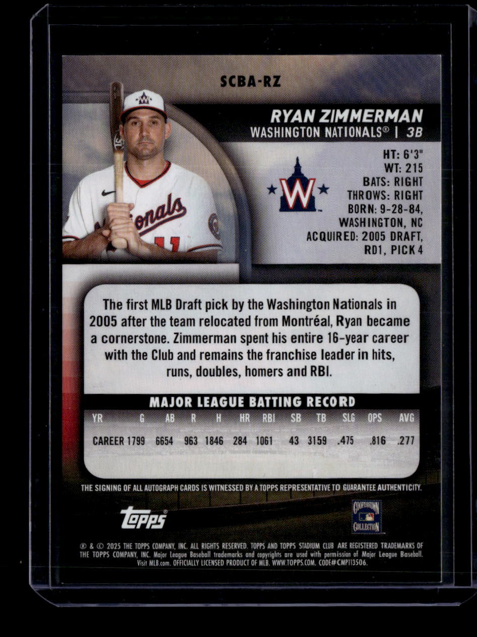 SOLD 183665 2025 Stadium Club Autographs Yellow SCBARZ Ryan Zimmerman Auto