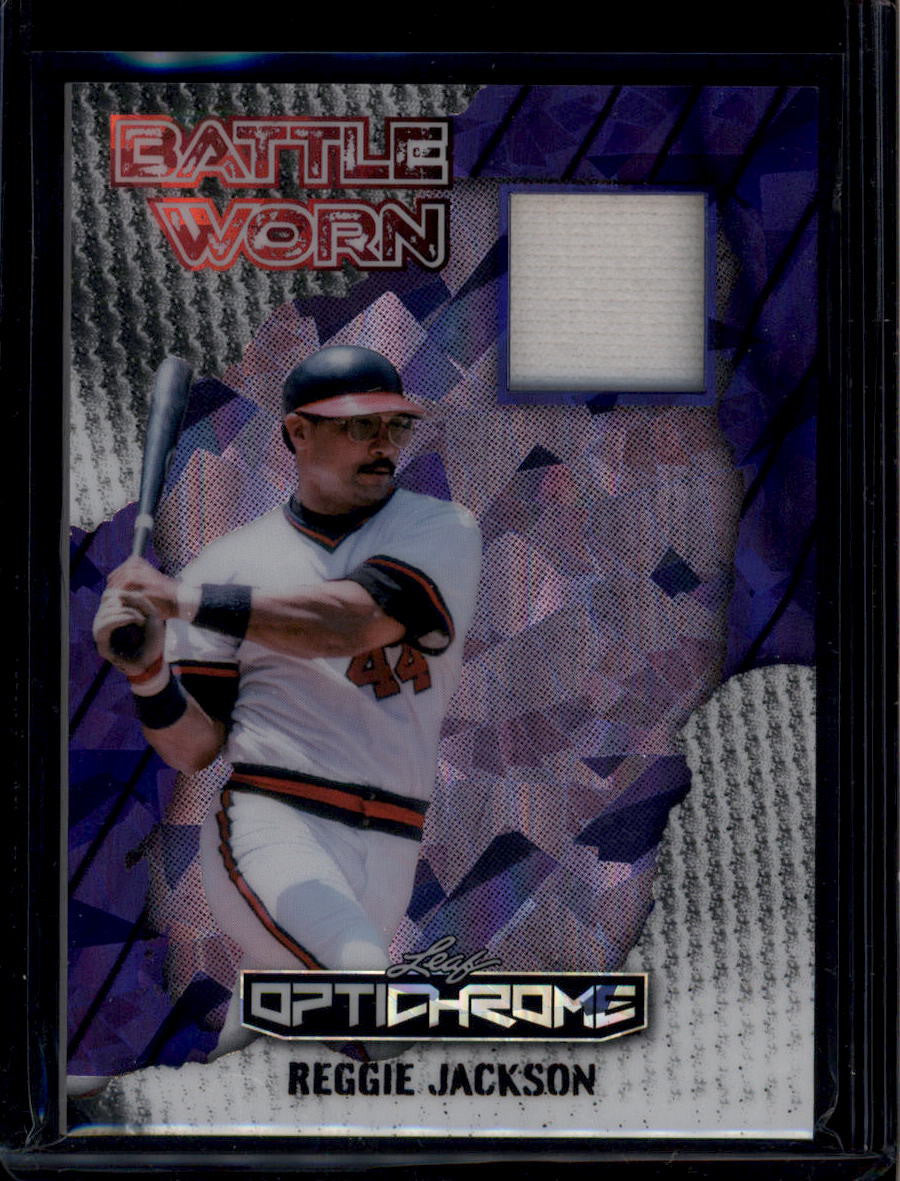 SOLD 183675 2025 Leaf Optichrome Battle Worn Crystal Purple bwrj1 Reggie Jackson Jersey 1/5