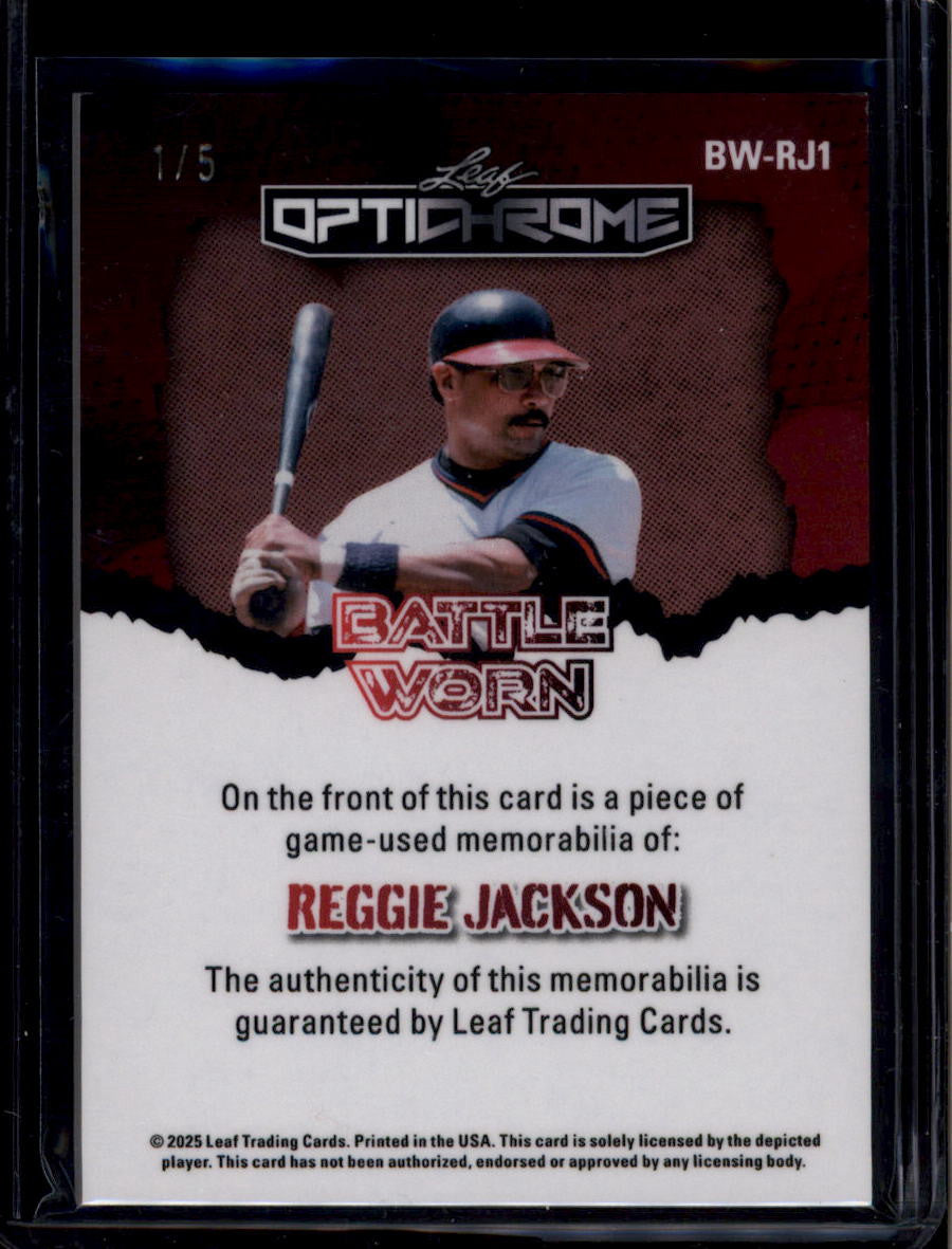 SOLD 183675 2025 Leaf Optichrome Battle Worn Crystal Purple bwrj1 Reggie Jackson Jersey 1/5