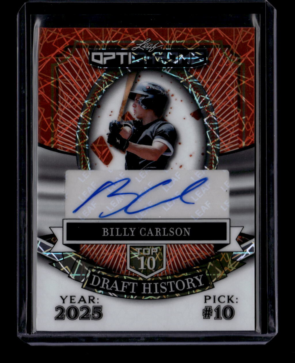 2025 Leaf Optichrome Draft History Orange Lazer habc1 Billy Carlson RC Auto 2/4