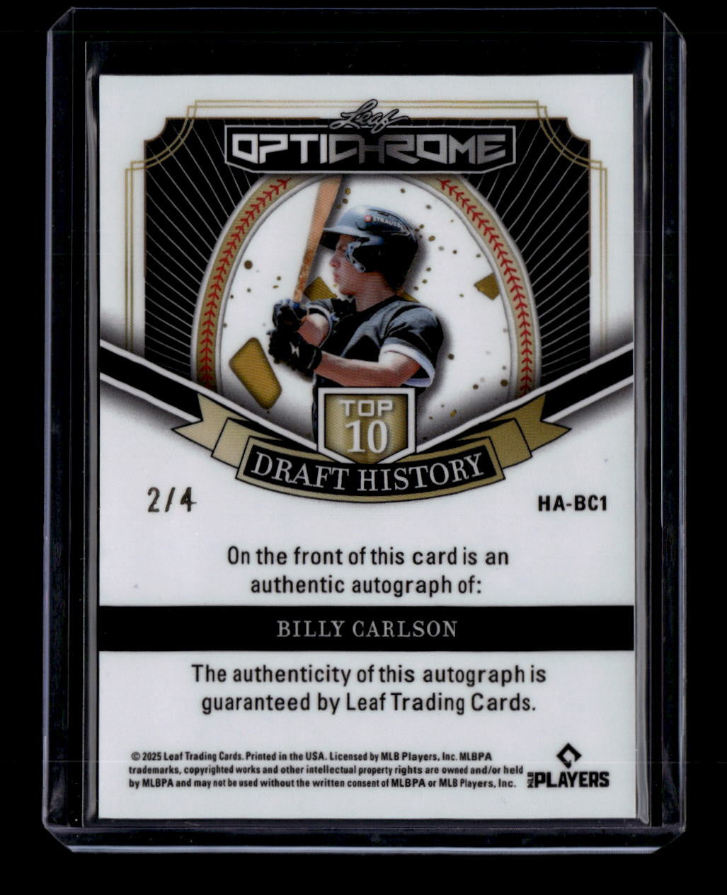 2025 Leaf Optichrome Draft History Orange Lazer habc1 Billy Carlson RC Auto 2/4