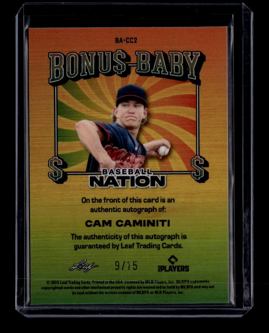 2025 Leaf Baseball Nation Bonus Baby Silver bacc2 Cam Caminiti Rookie Auto 9/15