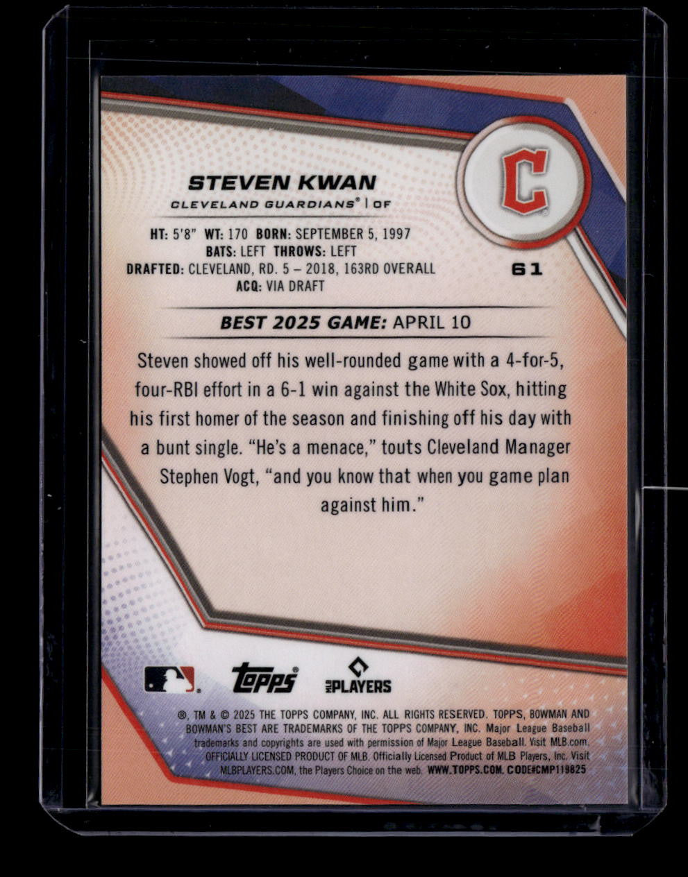 2025 Bowman's Best Gold Lava Refractor 61 Steven Kwan 19/50