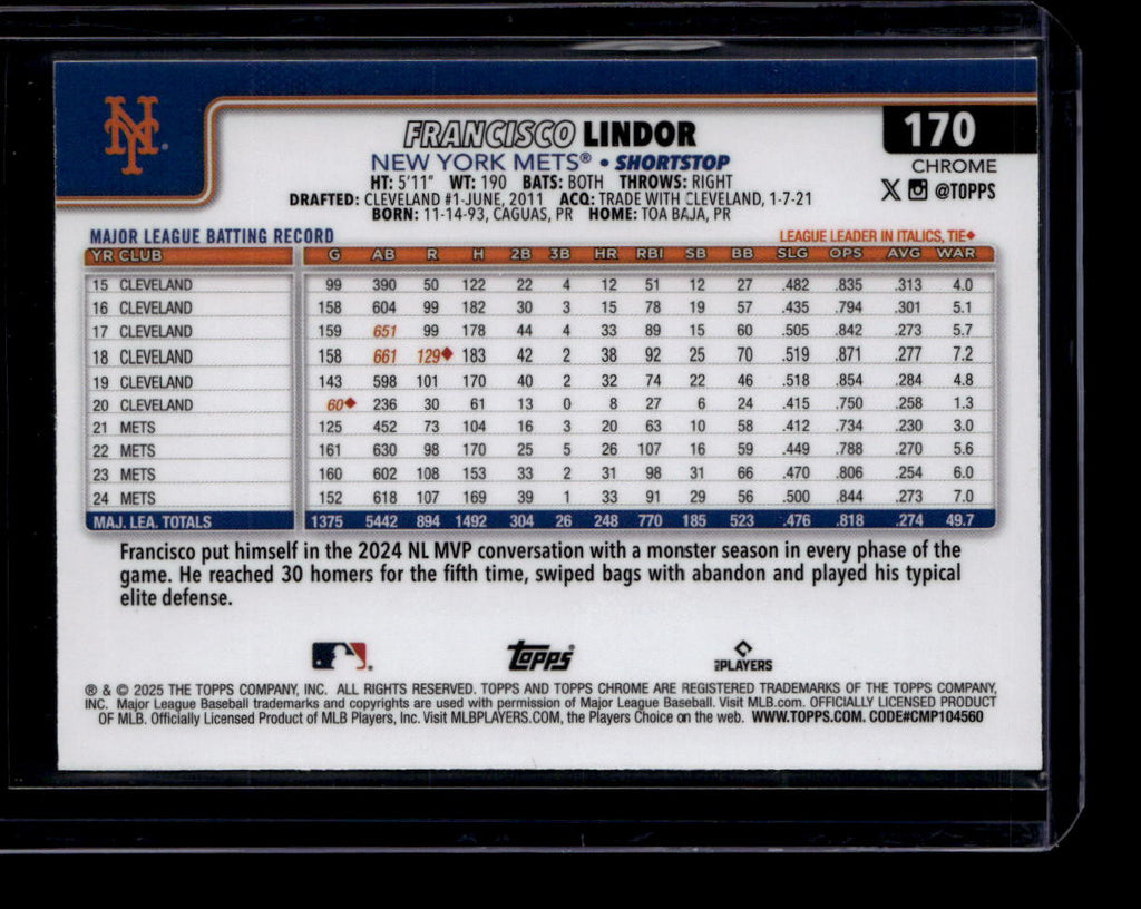 2025 Topps Chrome Photo Variations 170 Francisco Lindor SP ID: 183734