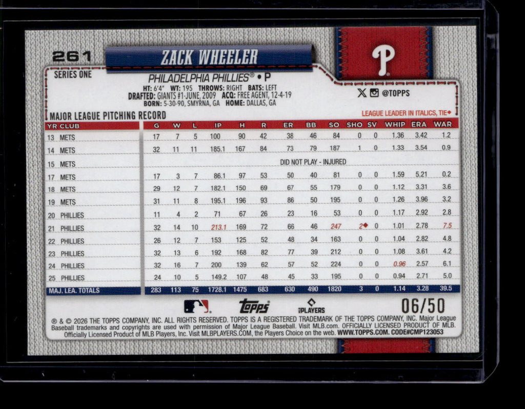2026 Topps Gold Rainbow Foil 261 Zack Wheeler 6/50