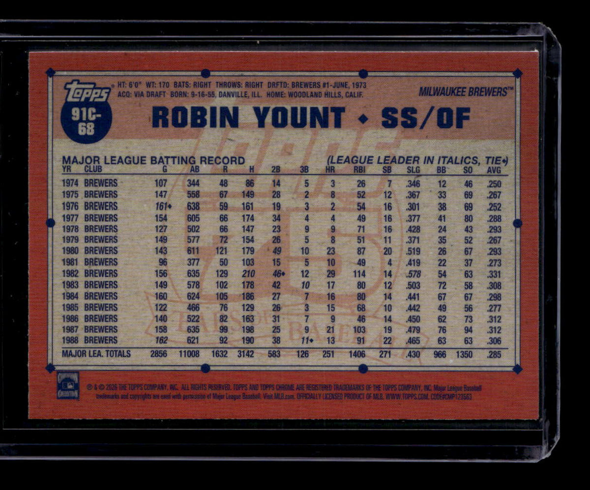 2026 Topps '91 Topps Silver Pack Chrome Aqua Refractor 91c68 Robin Yount 192/199