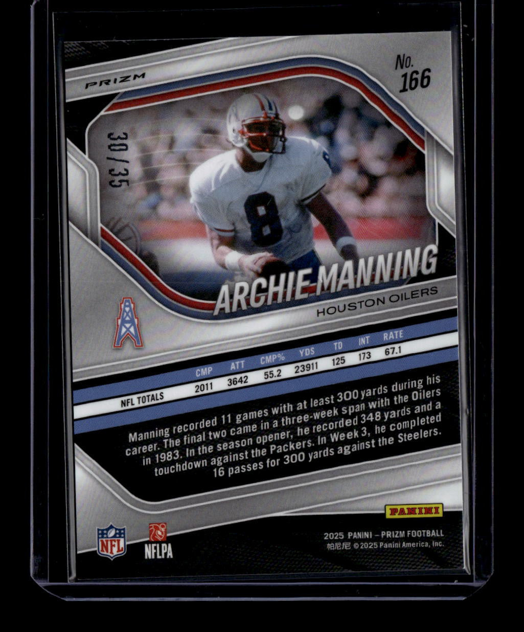 2025 Panini Prizm Prizms White Refractor 166 Archie Manning 30/35