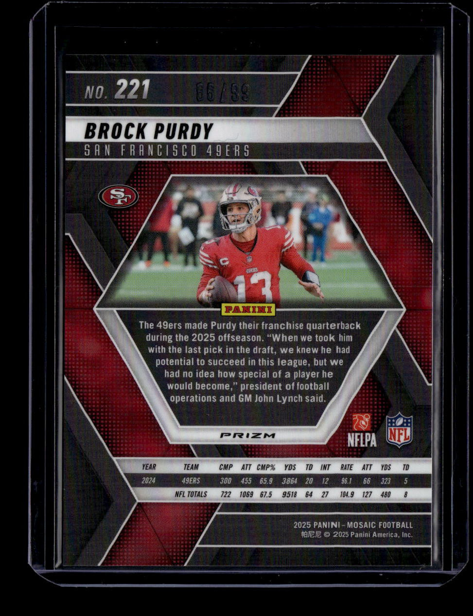 2025 Panini Mosaic Mosaic No Huddle Blue Refractor 221 Brock Purdy 66/99
