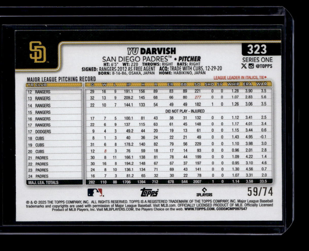 SOLD 183824 2025 Topps Black 323 Yu Darvish 59/74