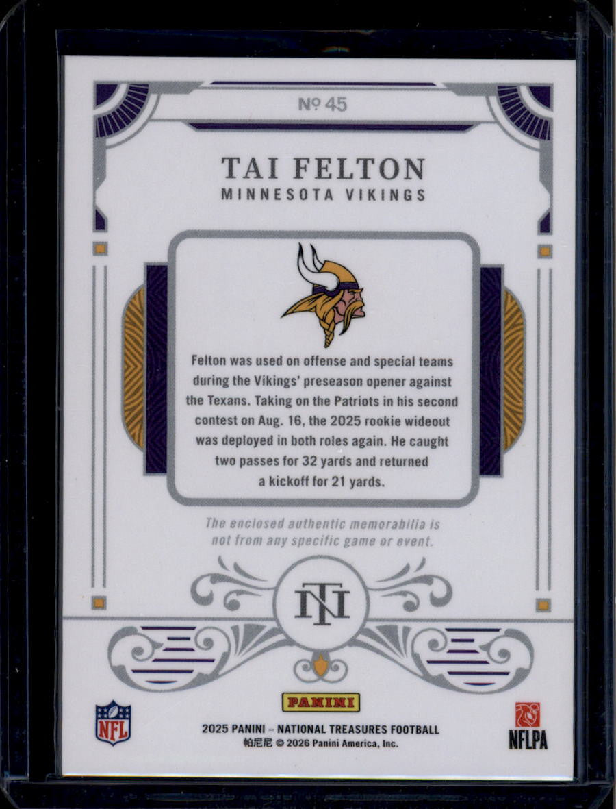 2025 Panini National Treasures Material Purple 45 Tai Felton RC Dual Patch 35/49