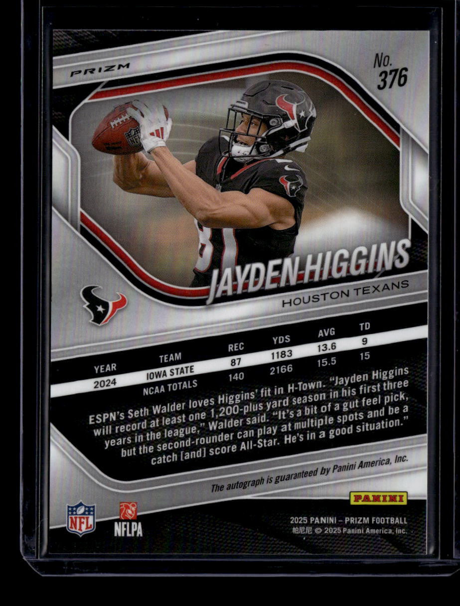 SOLD 183837 2025 Panini Prizm Autographs Prizms Silver 376 Jayden Higgins Rookie Auto