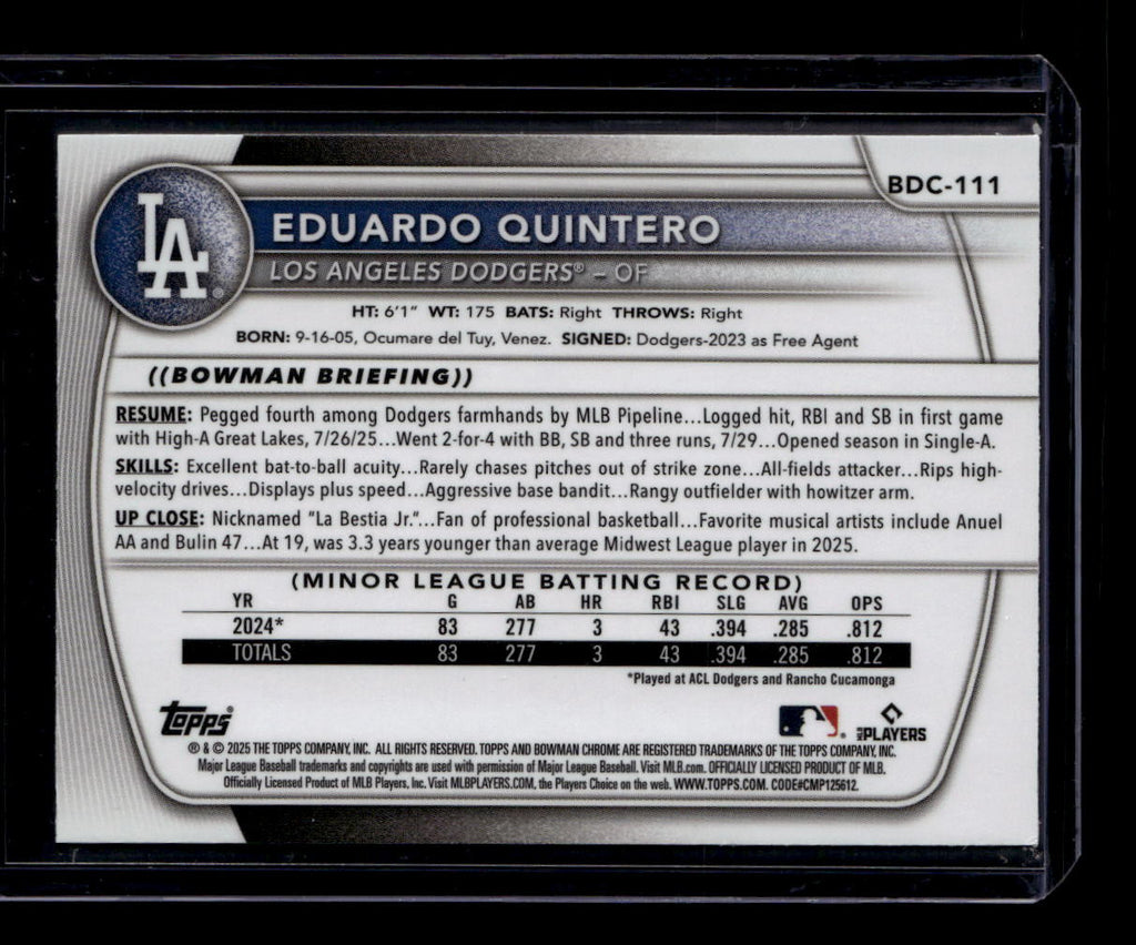 SOLD 183844 2025 Bowman Chrome Draft Yellow Reptillian Refractor Eduardo Quintero RC 7/75