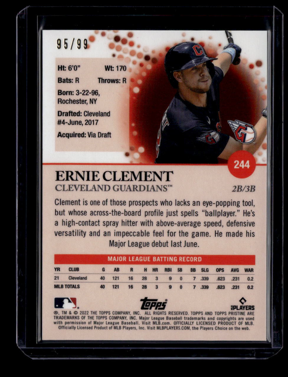 2022 Topps Pristine Purple Refractor 244 Ernie Clement Rookie 95/99