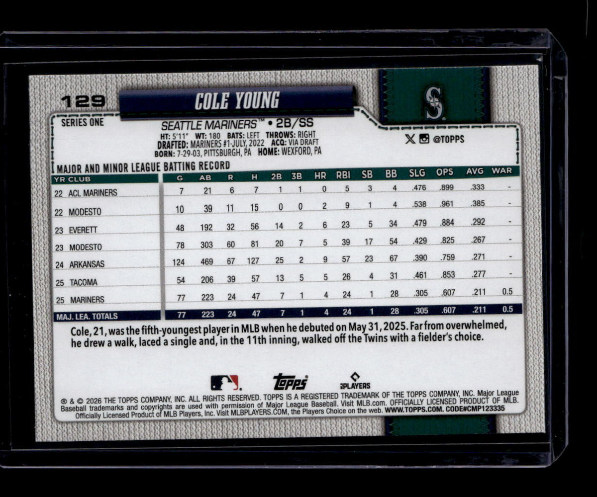 2026 Topps Team Color Border 129 Cole Young Rookie