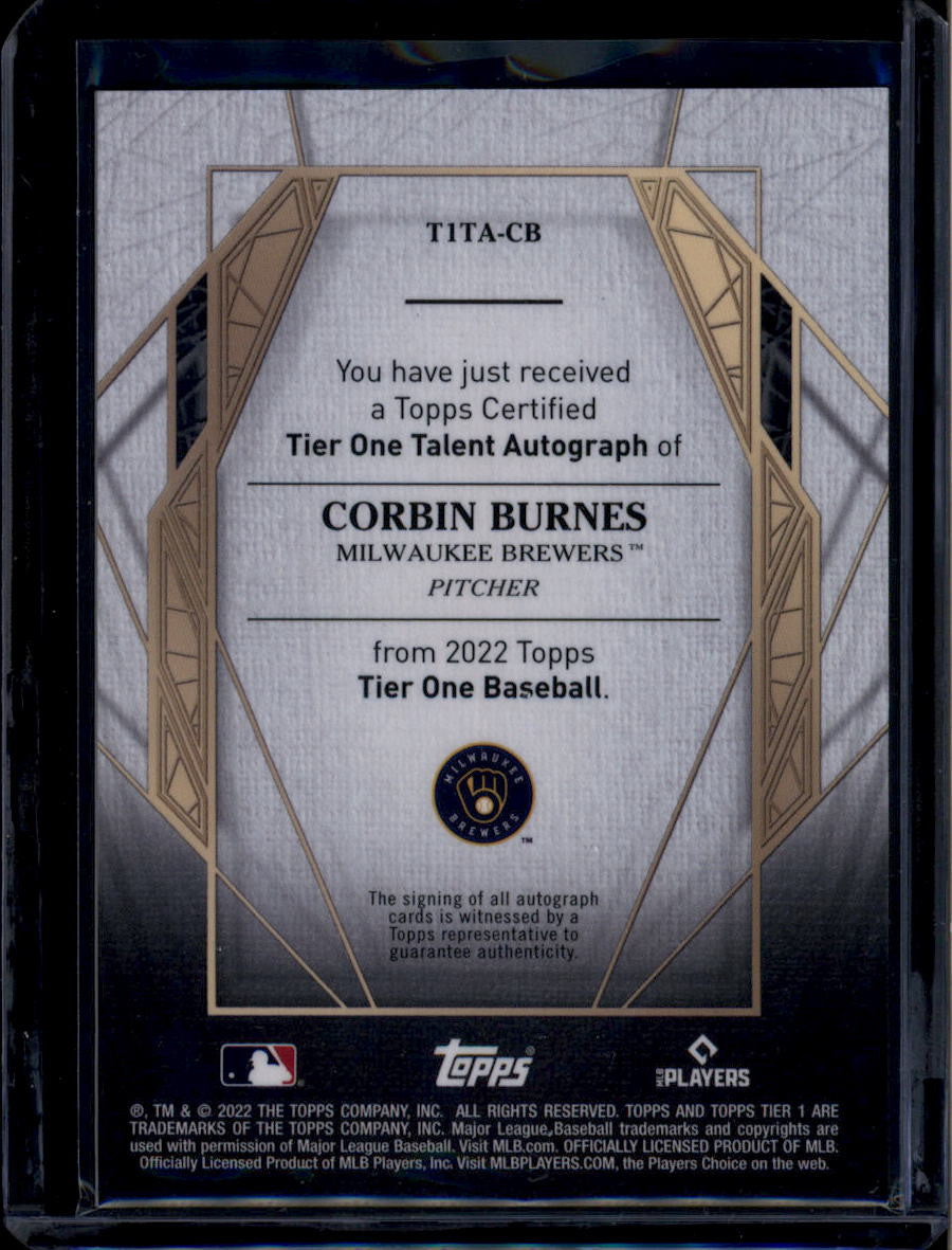 SOLD 183868 2022 Topps Tier One Talent Autographs t1tacb Corbin Burnes Auto 125/299