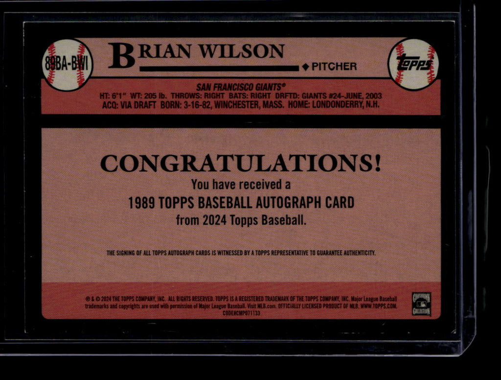 2024 Topps '89 Topps Autographs 89babwi Brian Wilson Auto