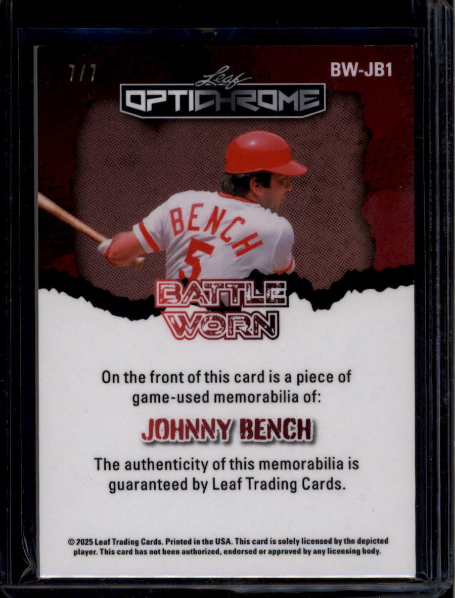 SOLD 183882 2025 Leaf Optichrome Battle Worn Blue Shimmer bwjb1 Johnny Bench Jersey 7/7