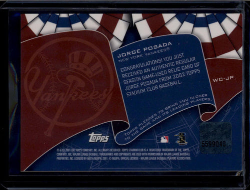 2002 Stadium Club World Champion Relics WCJP Jorge Posada Bat