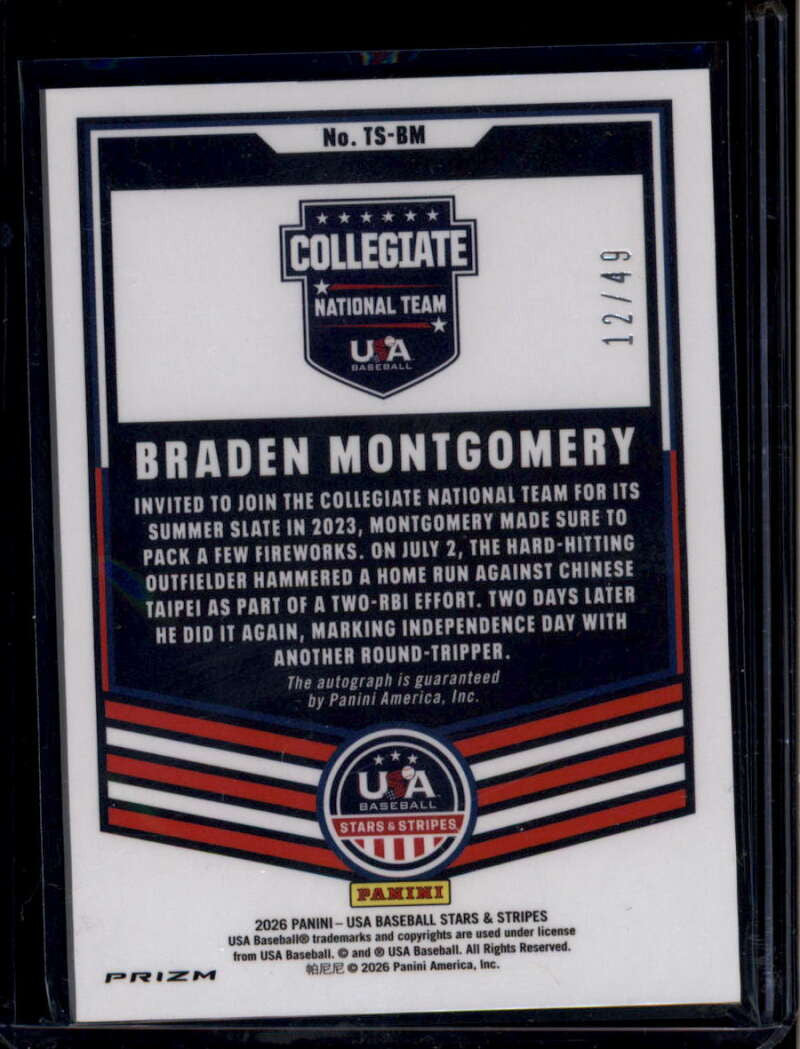 SOLD 183892 2026 USA Stars Stripes Prizm Throwback Signatures Braden Montgomery RC Auto /49
