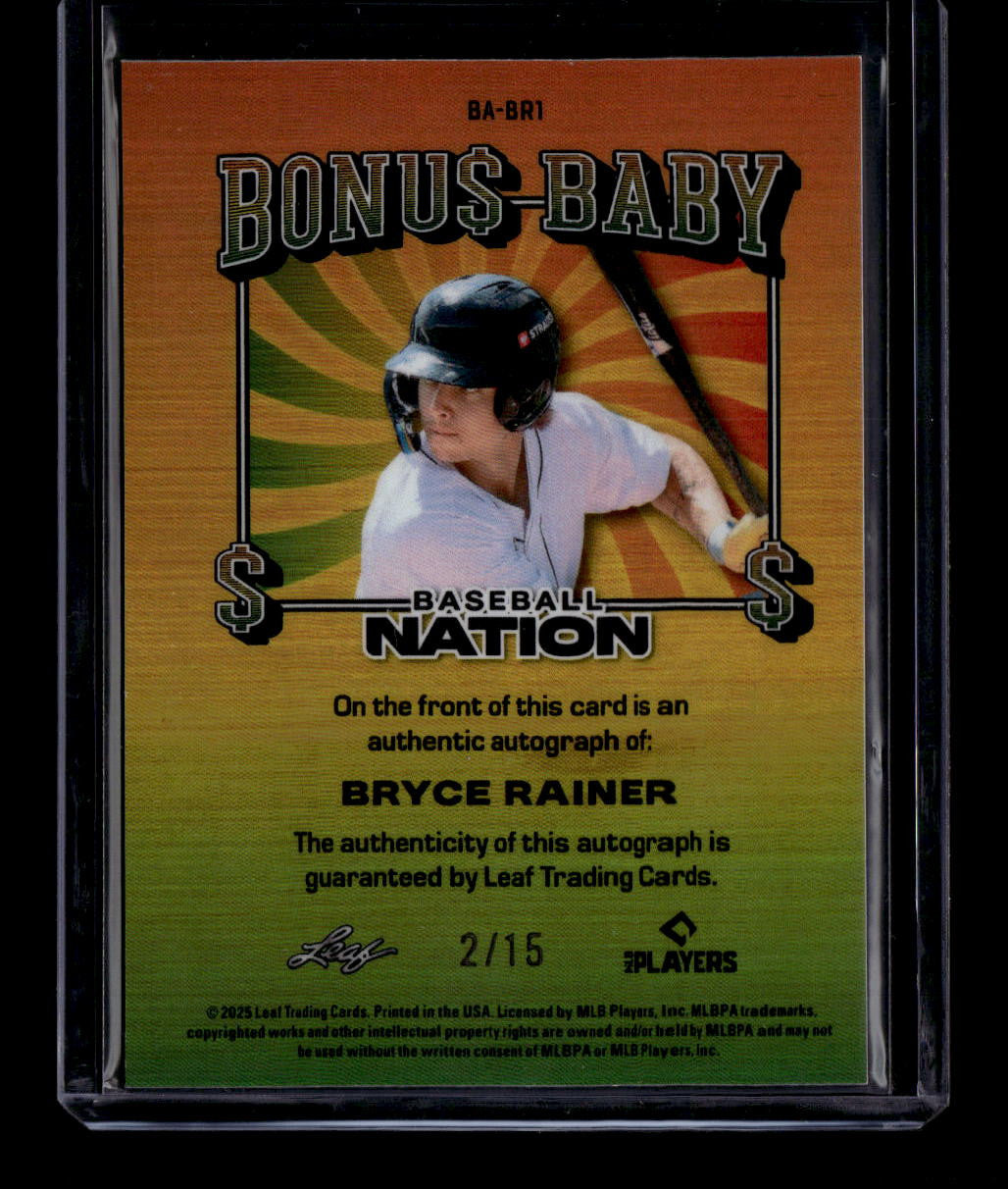 2025 Leaf Baseball Nation Bonus Baby Sparkles babr1 Bryce Rainer Rookie Auto /15