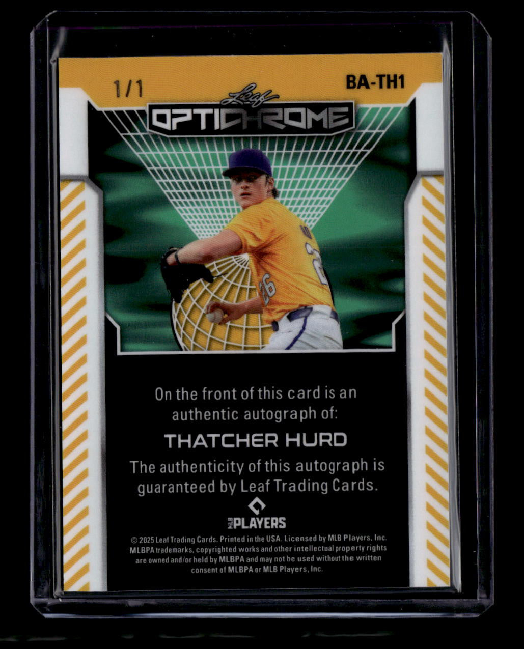 SOLD 183908 2025 Leaf Optichrome Gold Crystal bath1 Thatcher Hurd Rookie Auto 1/1