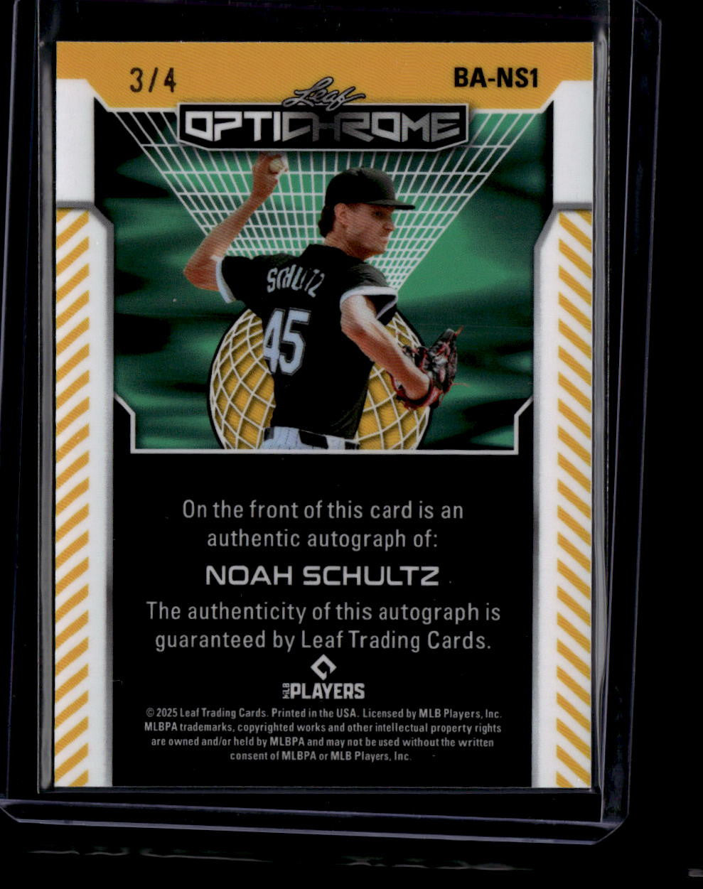 2025 Leaf Optichrome Orange Prismatic bans1 Noah Schultz Rookie Auto 3/4