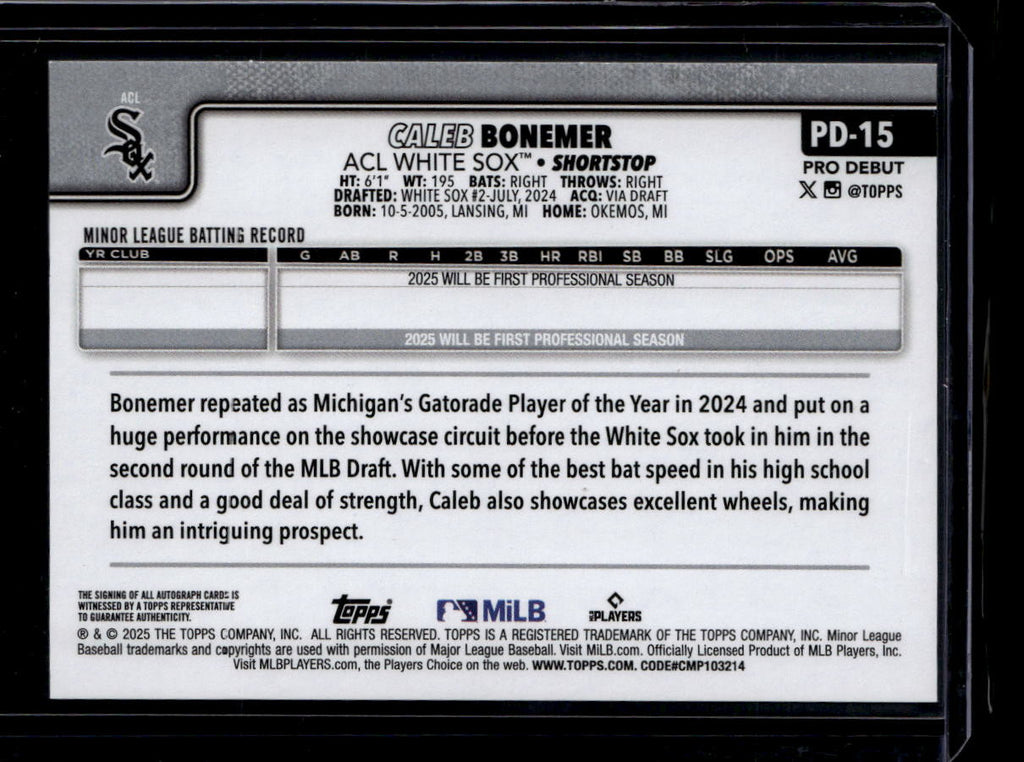 2025 Topps Pro Debut Autographs pd15 Caleb Bonemer Rookie Auto 159233