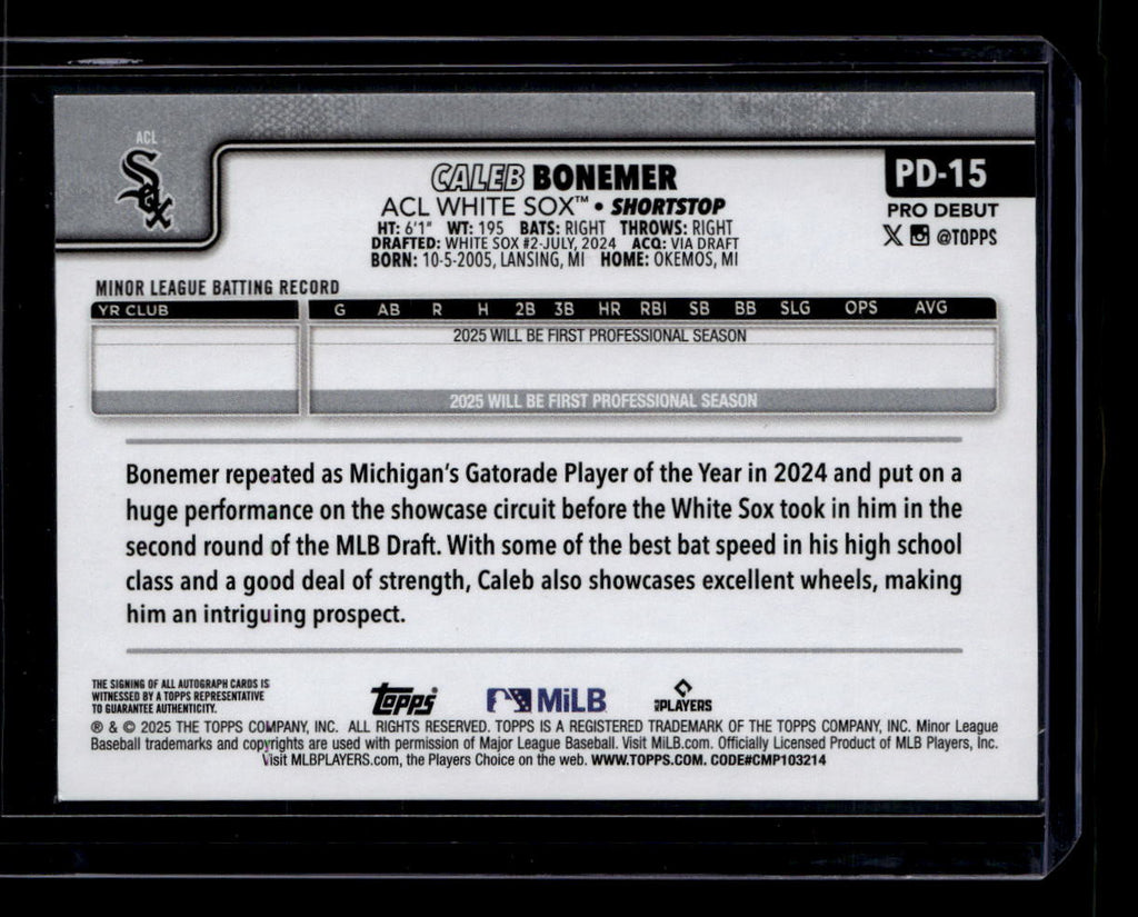 SOLD 183932 2025 Topps Pro Debut Autographs pd15 Caleb Bonemer Rookie Auto 159234
