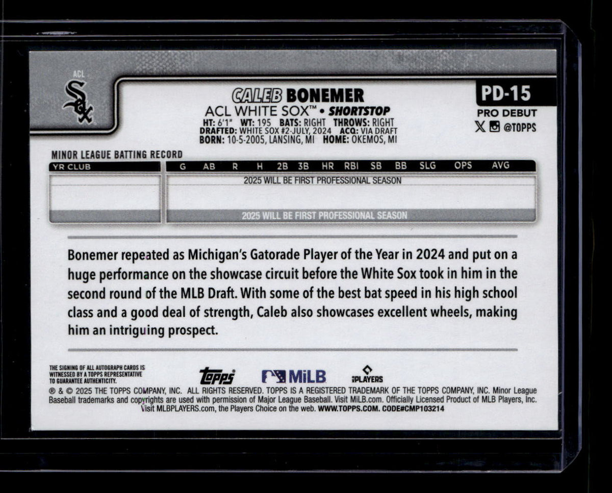 SOLD 183932 2025 Topps Pro Debut Autographs pd15 Caleb Bonemer Rookie Auto 159234