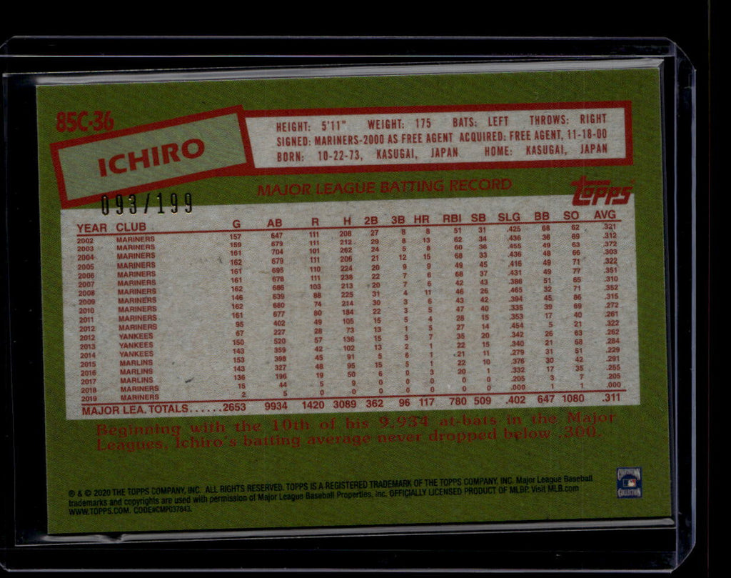 2020 Topps '85 Silver Pack Chrome Black Refractor 85c36 Ichiro Suzuki 93/199