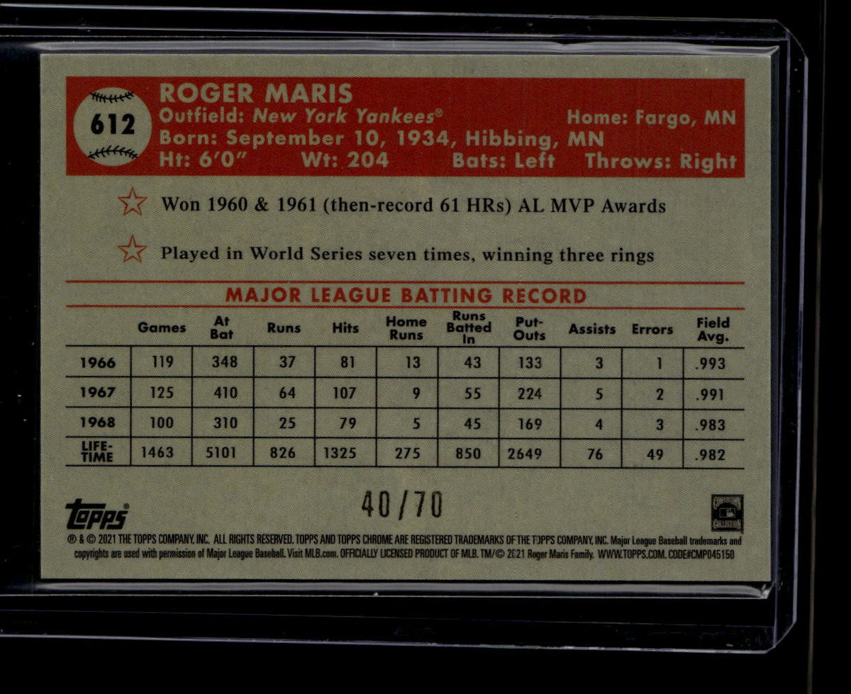 2021 Topps Chrome Platinum Mini Diamond 70th Refractor 612 Roger Maris 40/70