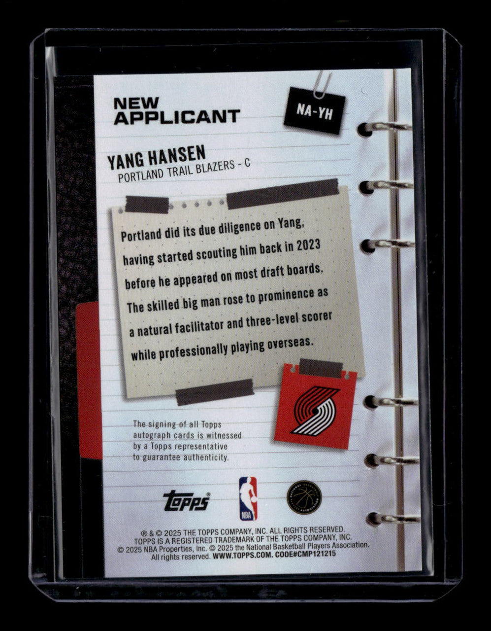 SOLD 183960 2025-26 Topps New Applicants Autographs NAYH Yang Hansen Rookie Auto