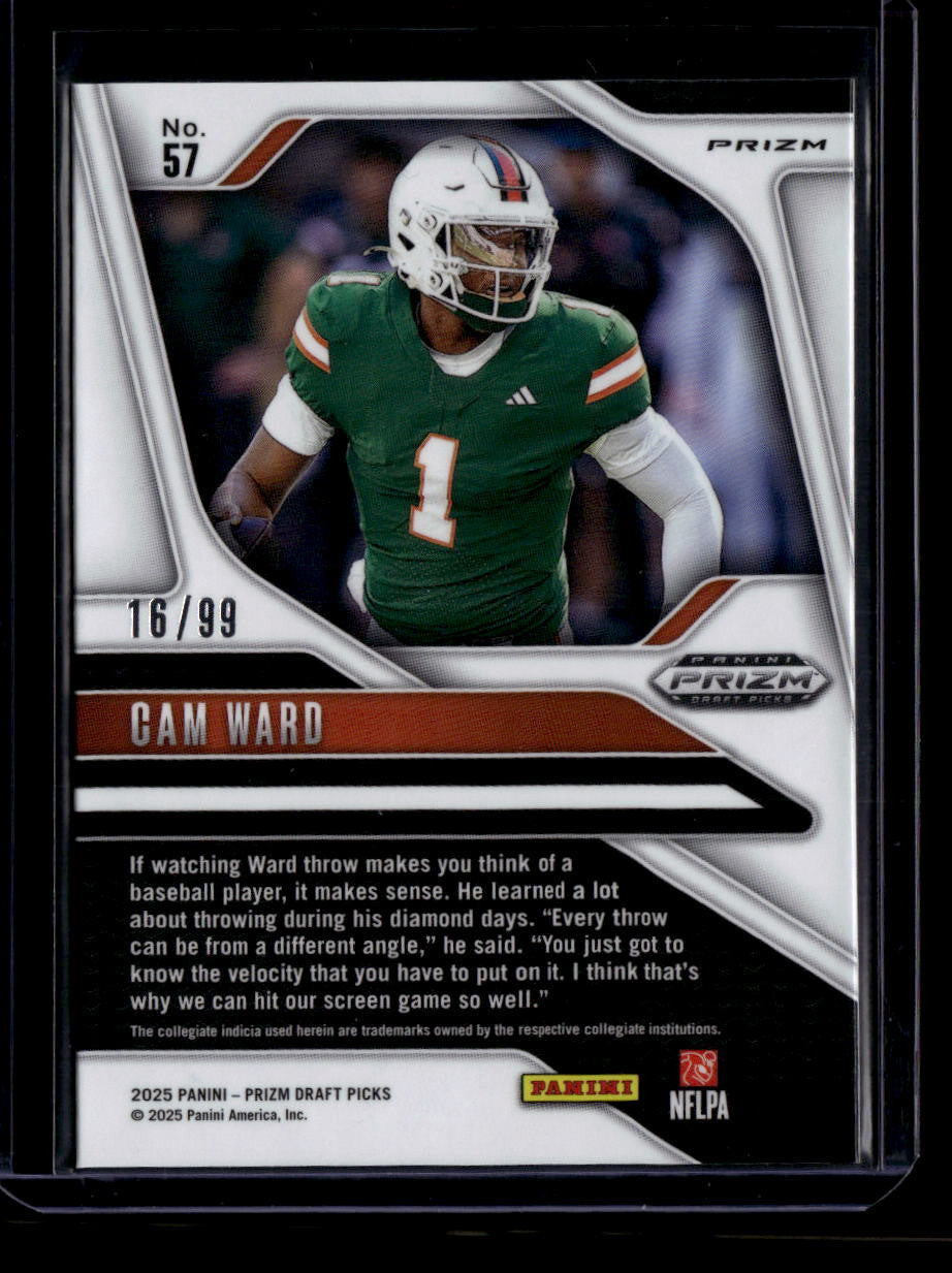 DELETE 183985 2025 Panini Prizm Draft Picks Prizms Purple Refractor 57 Cam Ward Rookie 16/99