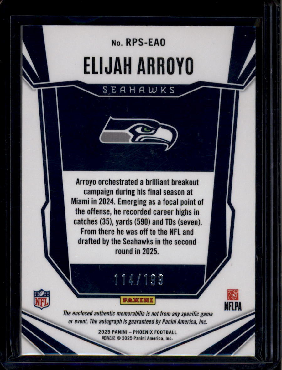 SOLD 183998 2025 Panini Phoenix Rookie Autographs Elijah Arroyo RC Jumbo Patch Auto 114/199