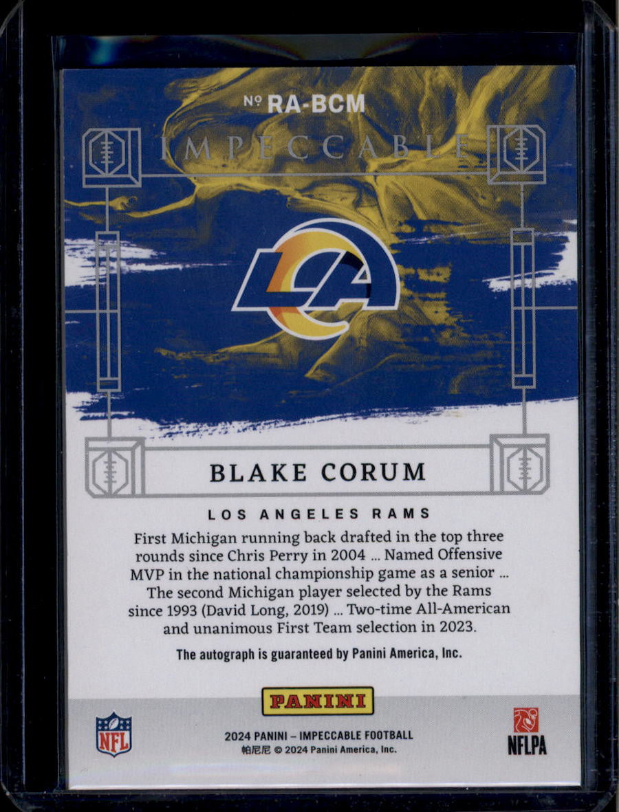 SOLD 184003 2024 Panini Impeccable Rookie Autographs 20 Blake Corum RC Auto 28/99