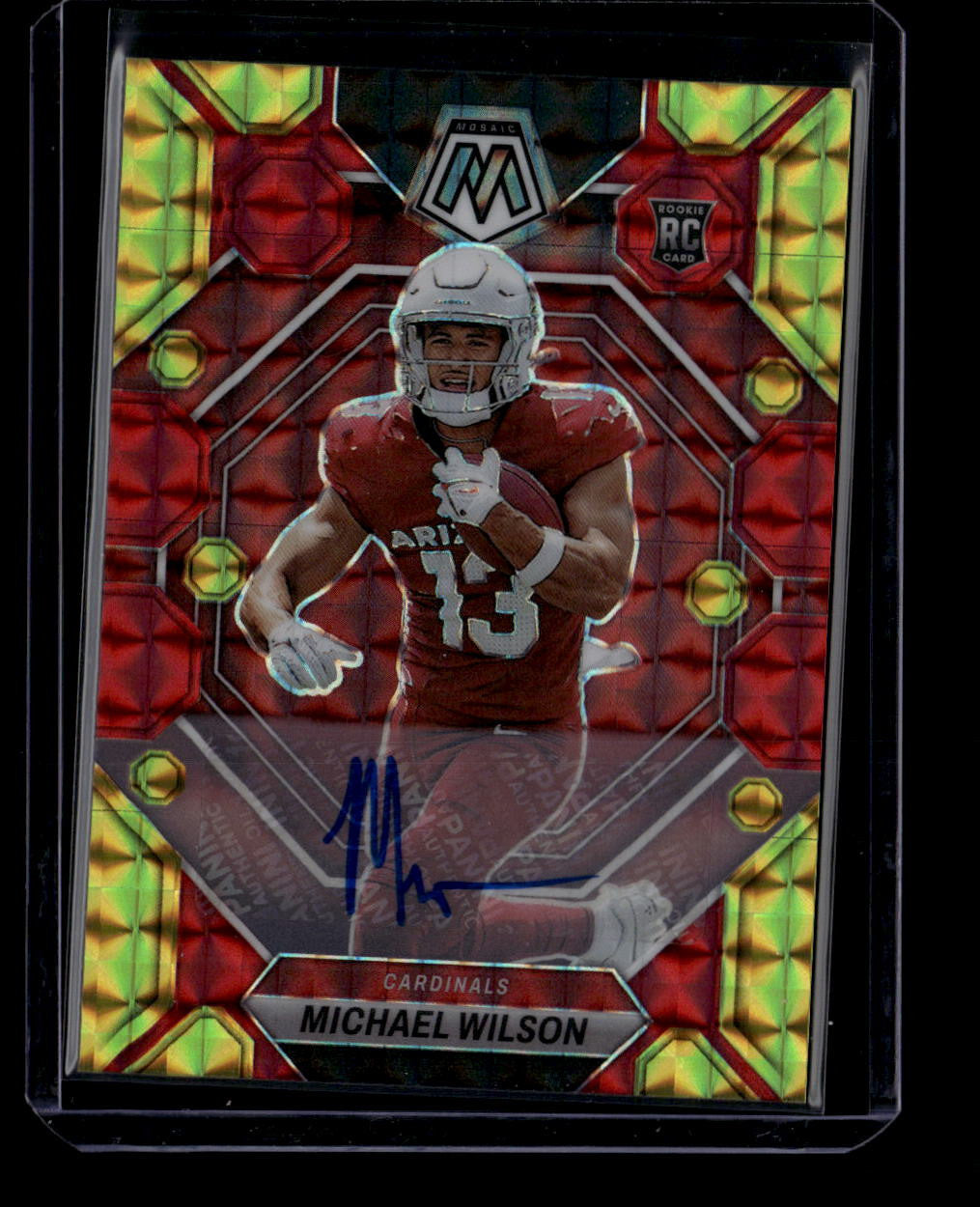 SOLD 184011 2023 Panini Mosaic Autograph Choice Fusion Red Yellow 350 Michael Wilson RC Auto