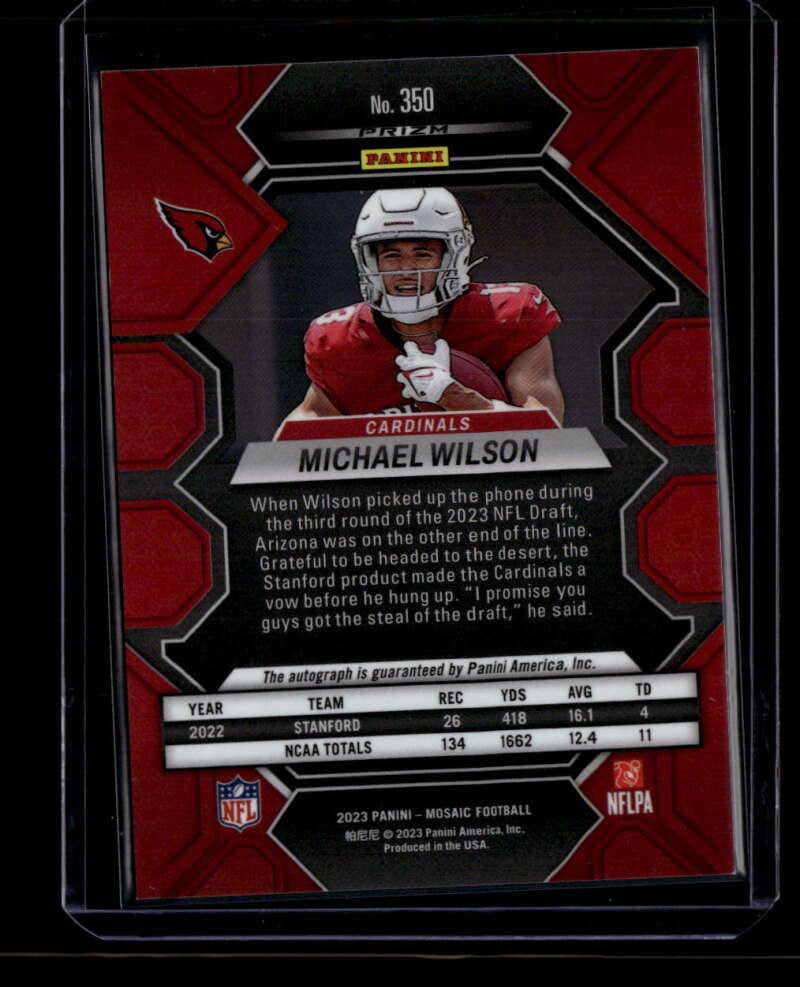 SOLD 184011 2023 Panini Mosaic Autograph Choice Fusion Red Yellow 350 Michael Wilson RC Auto