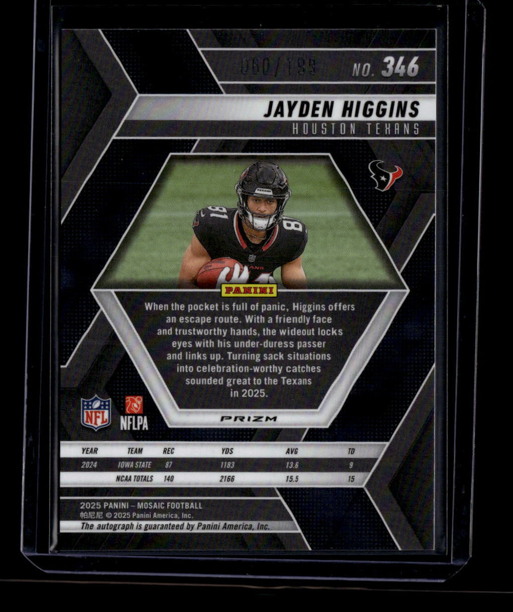 SOLD 184014 2025 Panini Mosaic Rookie Autograph Mosaic Red 346 Jayden Higgins RC Auto 60/199